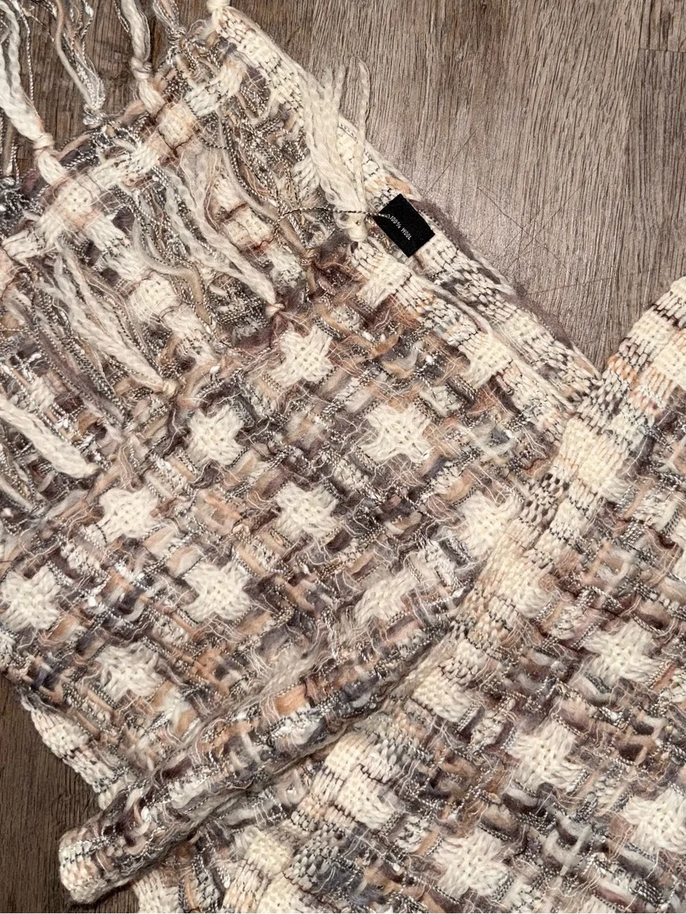 SUANTRAI 100% Pure New Wool Neutral Woven Fringe Scarf Wrap